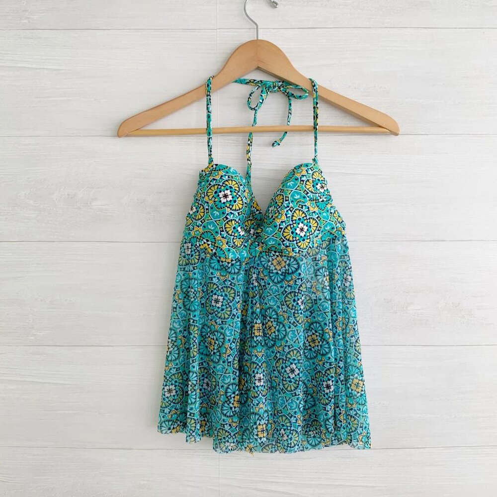 NWT Tropical Escape - Teal green yellow padded halter mesh tankini top, 6
